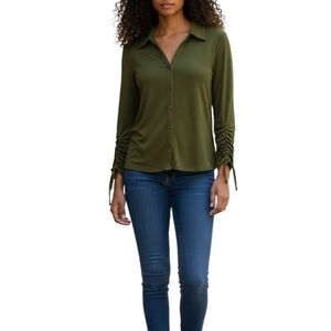 Olive Green Button-Up Sheer Women's Top Adrianna Papell
